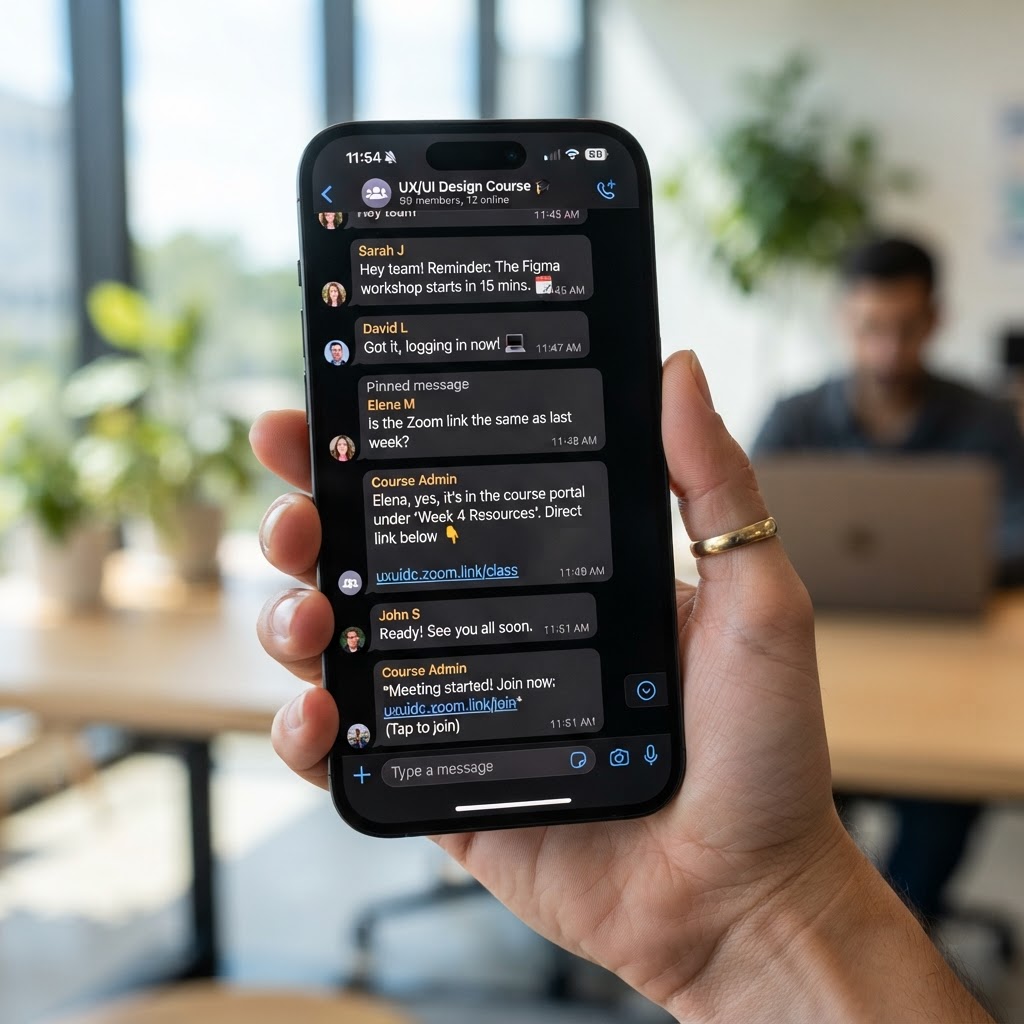 Teléfono mostrando grupo de WhatsApp con notificaciones de cursos