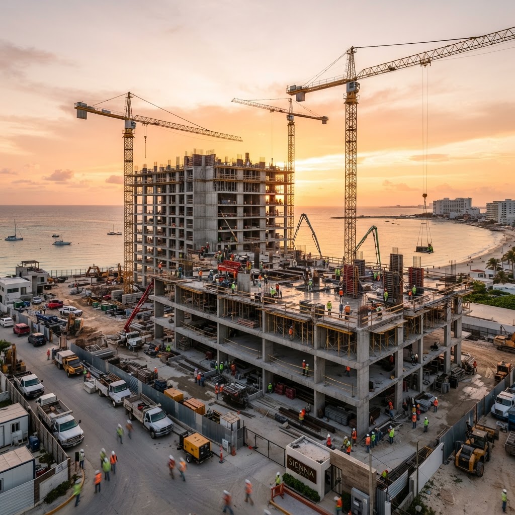 Sitio de construcción de desarrollo inmobiliario al atardecer