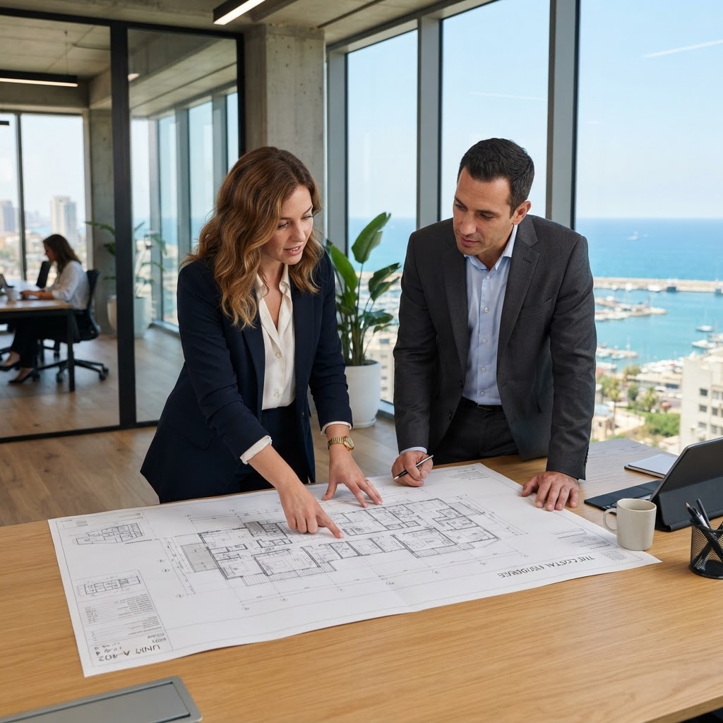 Desarrolladores inmobiliarios revisando planos arquitectónicos