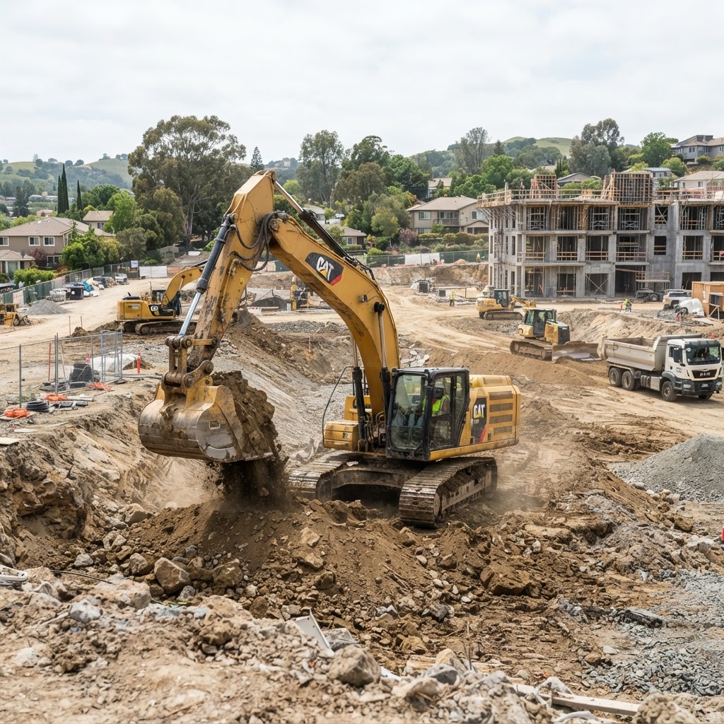 Excavadora trabajando en sitio de construcción