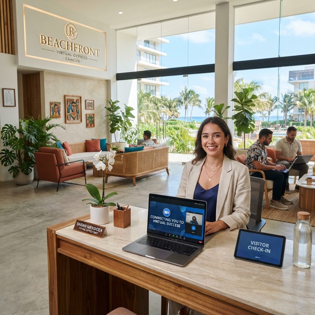 Recepción de oficina virtual moderna con profesional en ropa casual atendiendo