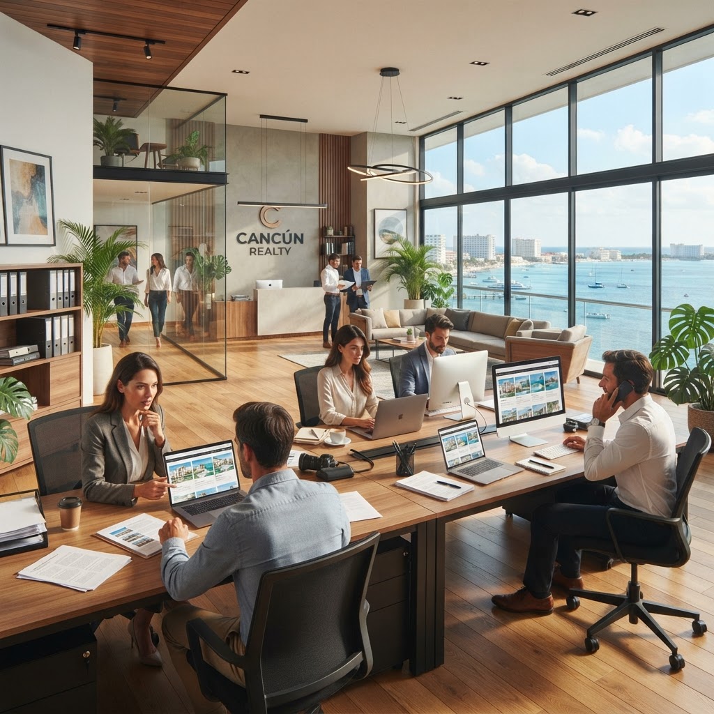 Oficina inmobiliaria moderna con agentes trabajando