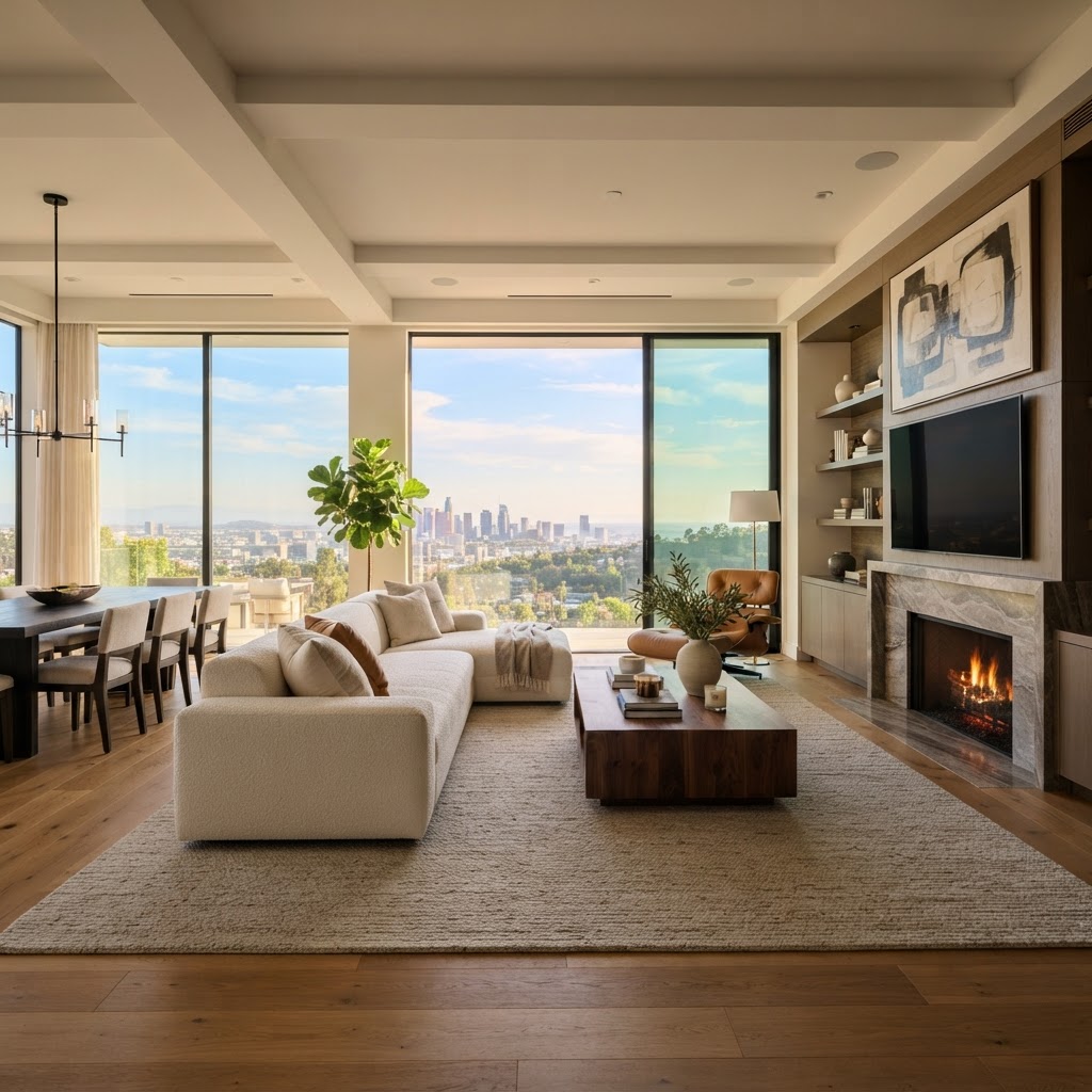 Sala de estar moderna totalmente amueblada con muebles de diseño
