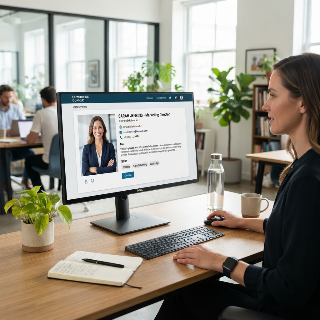 Perfil profesional de coworking mostrado en pantalla de directorio digital