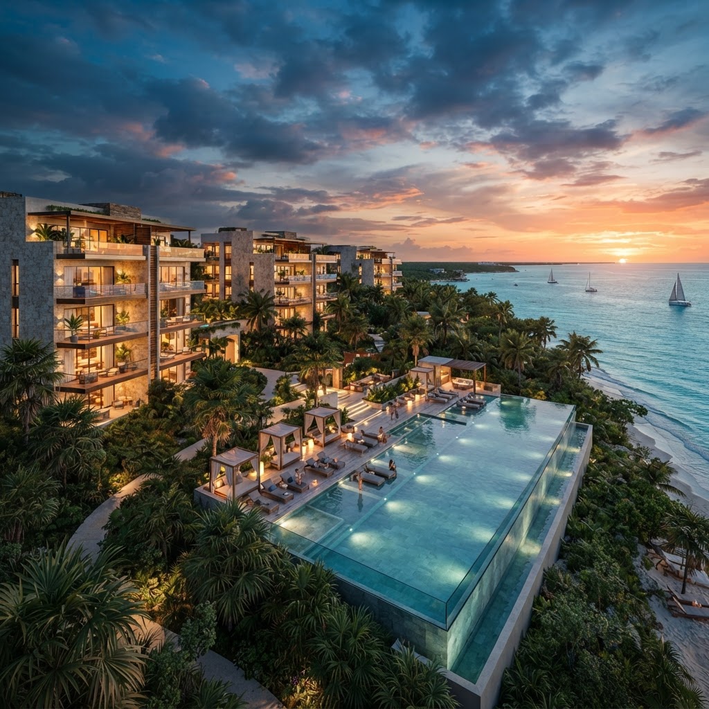 Desarrollo residencial de lujo en preventa en Riviera Maya al atardecer