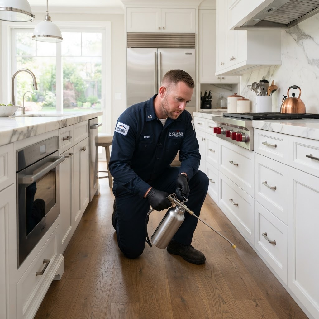 Técnico de fumigación aplicando tratamiento en cocina residencial