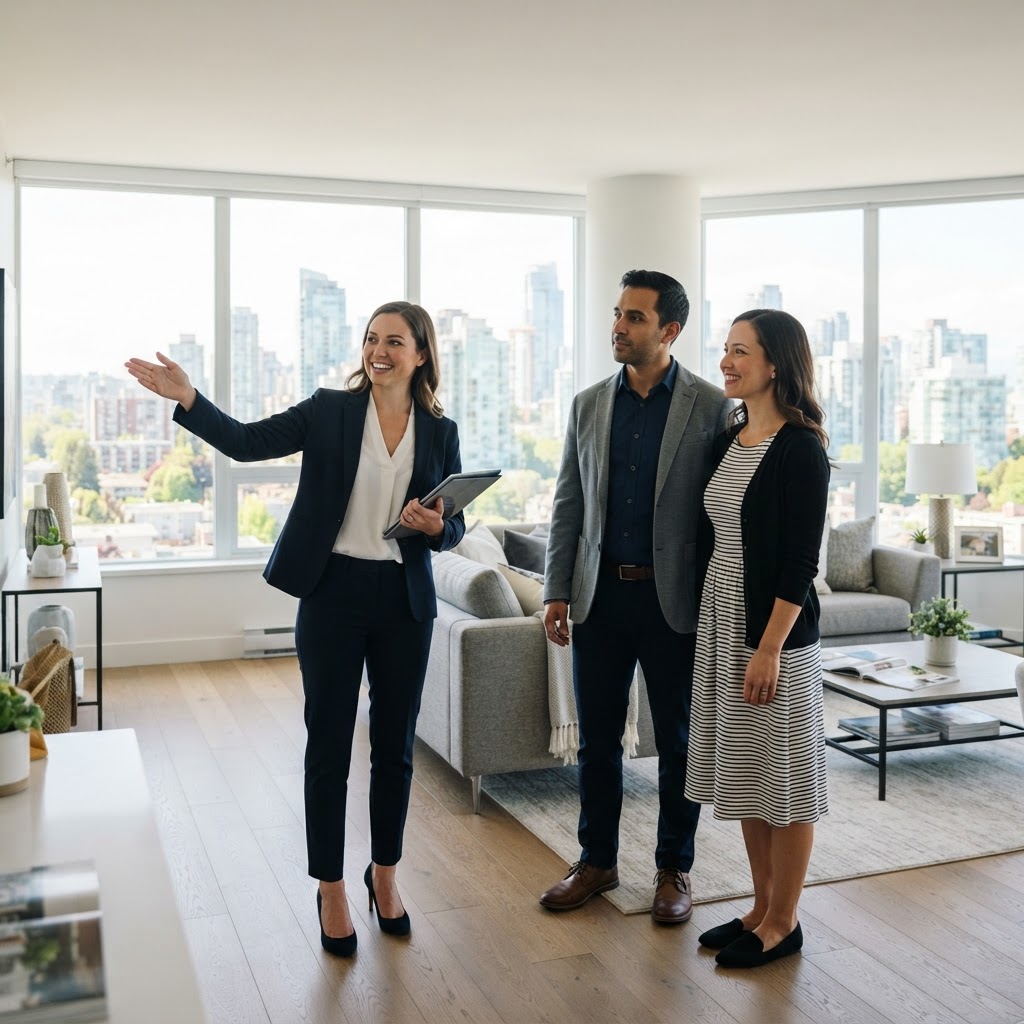 Asesor inmobiliario mostrando propiedad a clientes