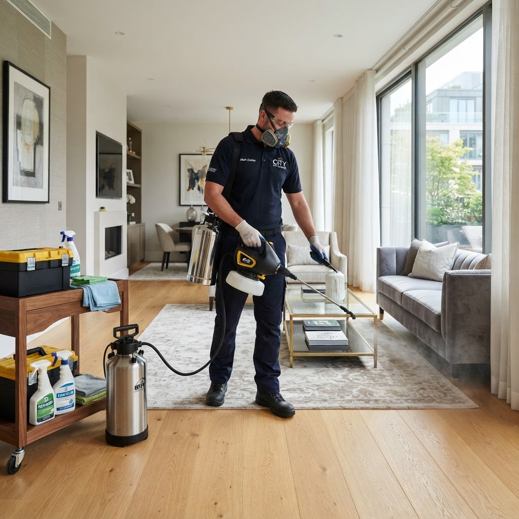 Especialista con equipo de fumigación y limpieza en living residencial