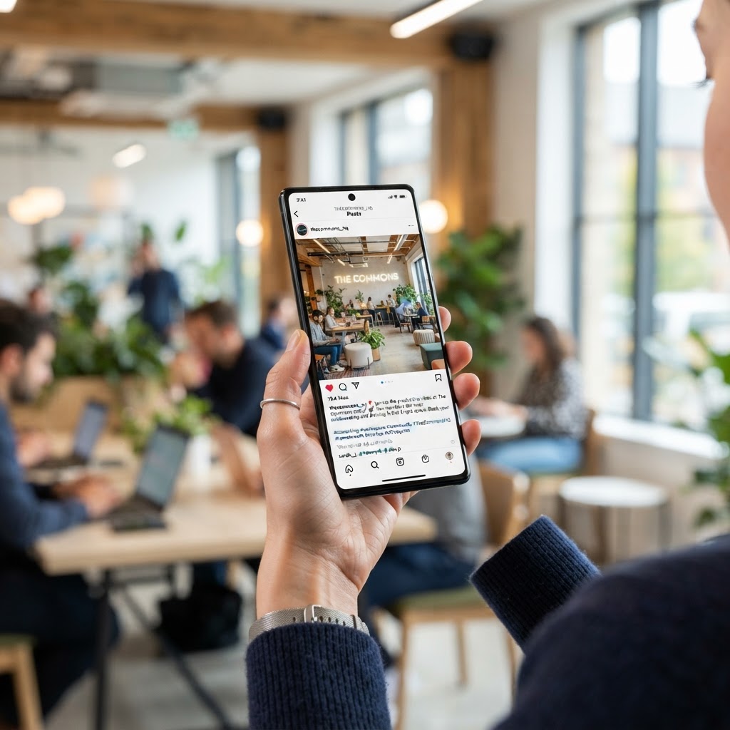 Teléfono mostrando publicación de espacio de coworking en redes sociales con likes