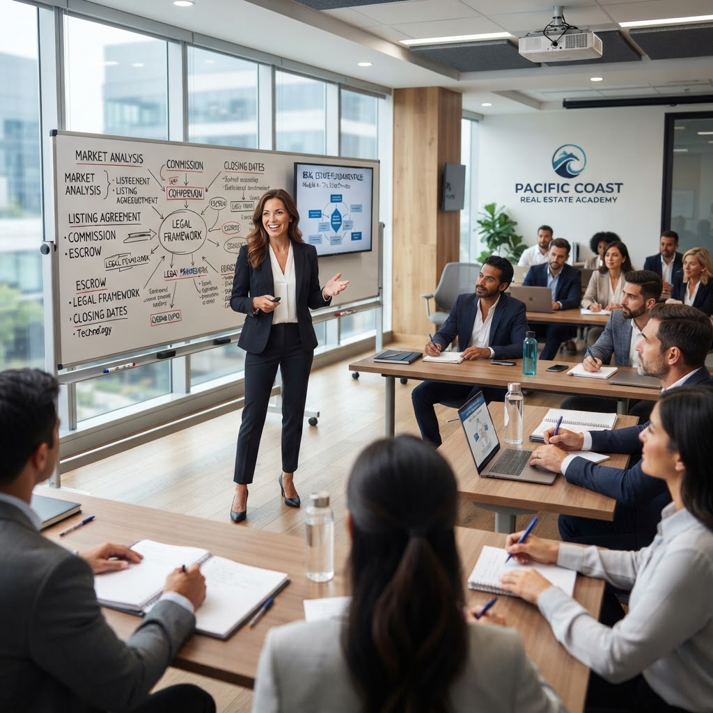 Instructor presentando a un grupo de estudiantes adultos en academia inmobiliaria