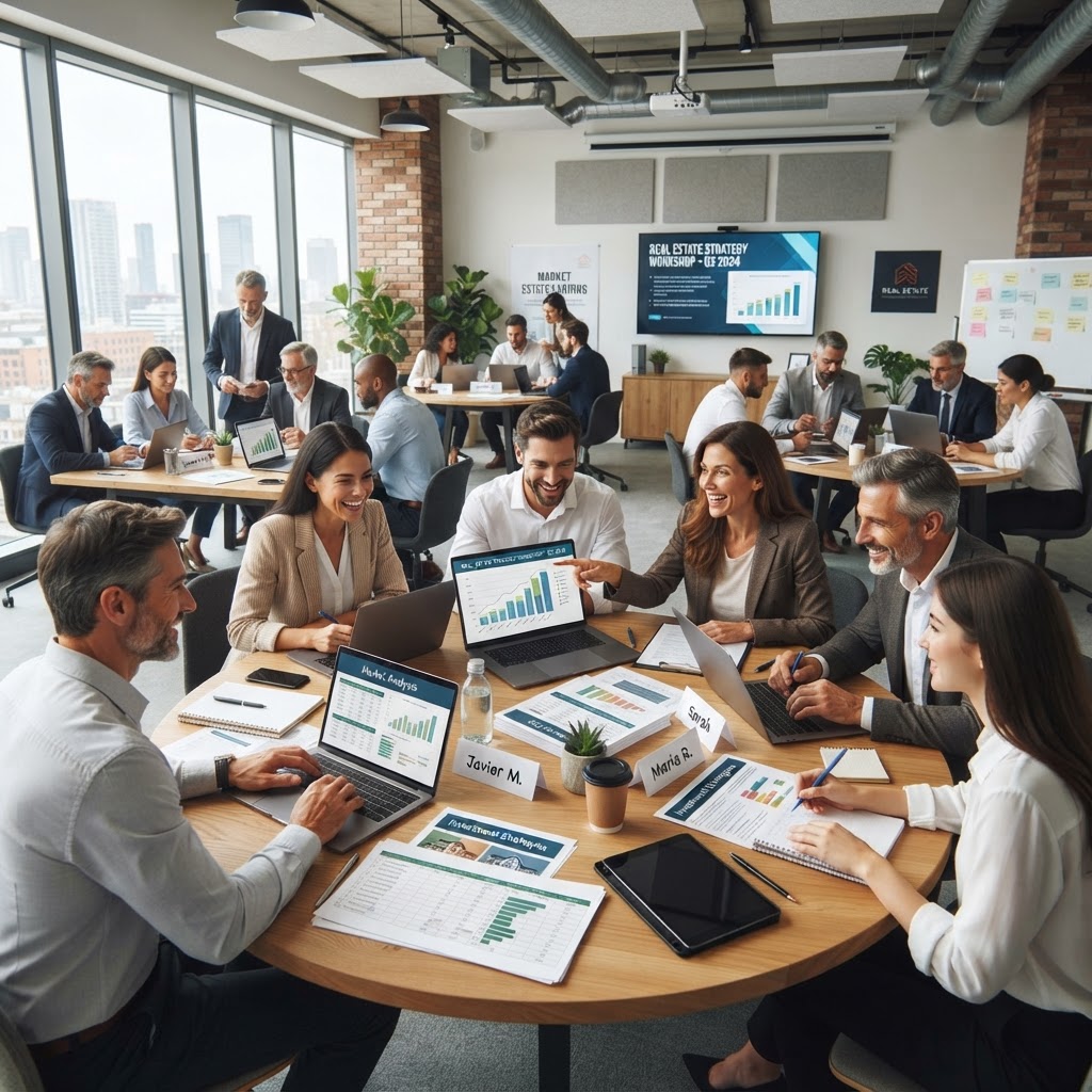 Taller interactivo inmobiliario con participantes trabajando en grupos