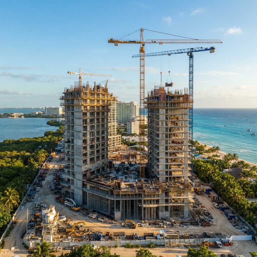 Sitio de construcción de desarrollo inmobiliario con grúas en Cancún