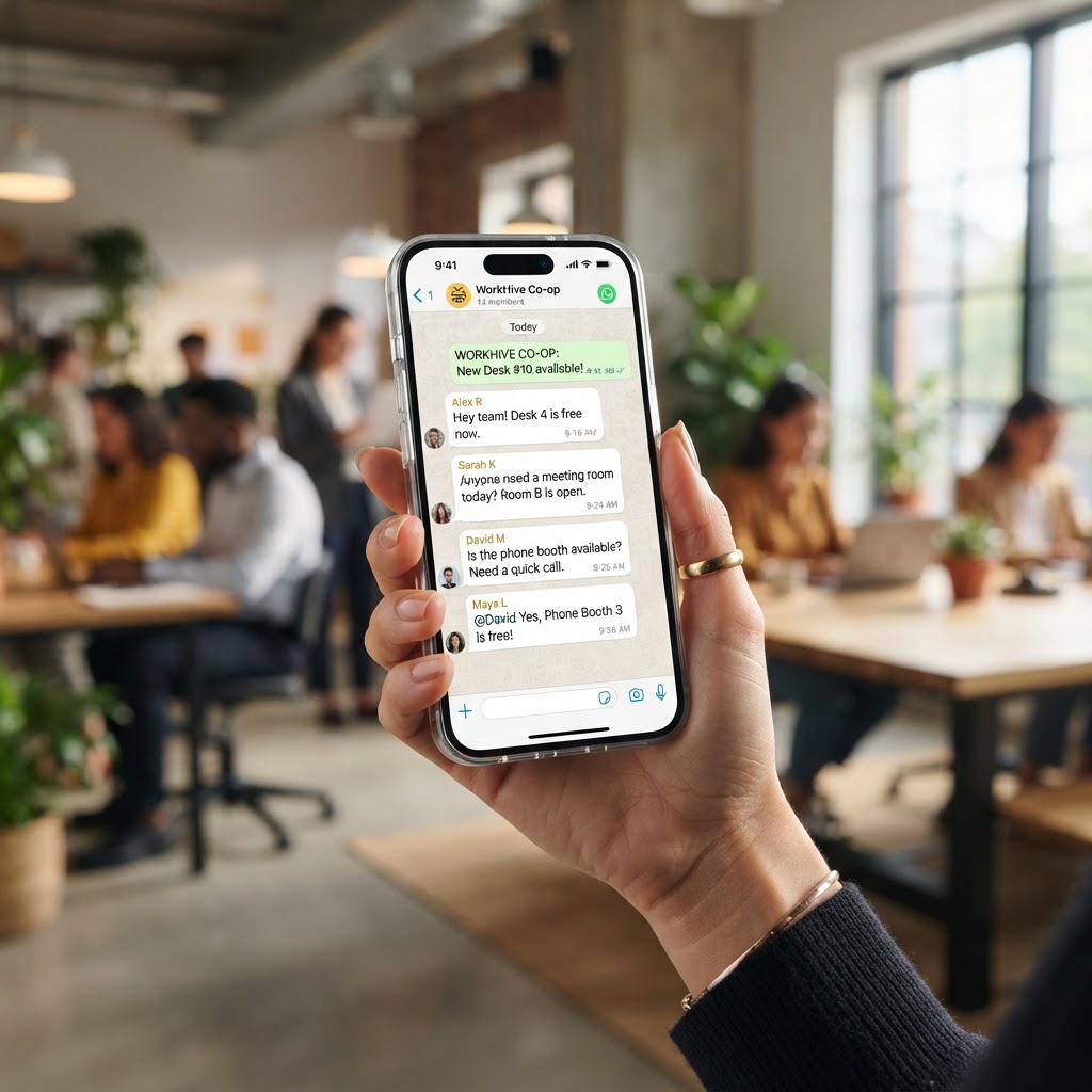 Teléfono mostrando grupo de WhatsApp con notificaciones de disponibilidad de coworking