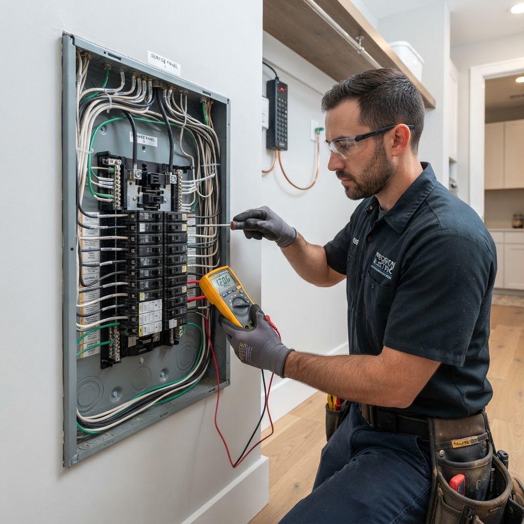 Electricista instalando panel eléctrico en casa residencial
