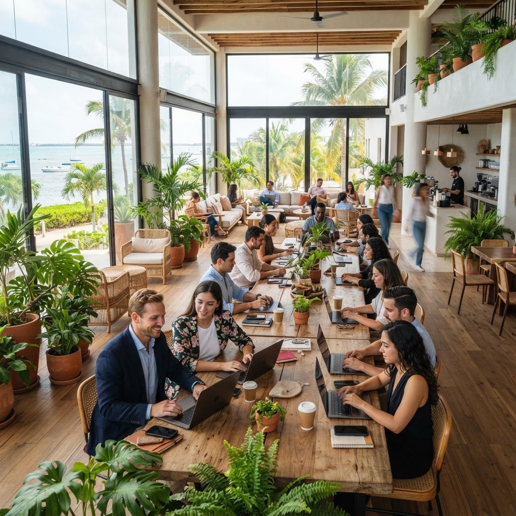 Coworking moderno y luminoso con personas trabajando en laptops en ropa casual