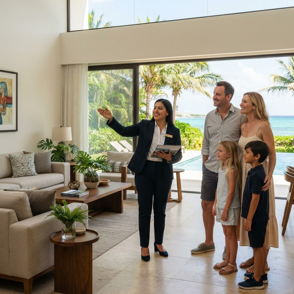 Consultor de relocation mostrando casa a familia expatriada