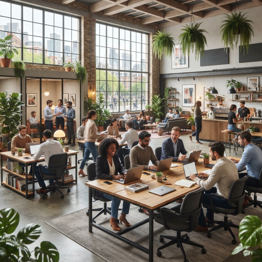 Espacio de coworking abierto con profesionales en ropa casual trabajando en laptops