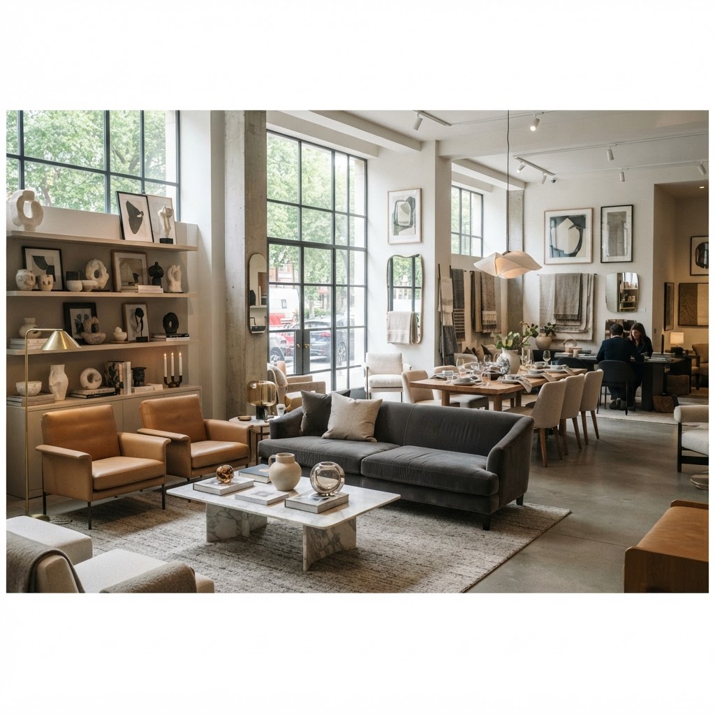 Showroom de diseño de interiores con piezas de decoración