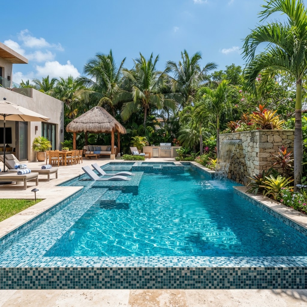 Alberca residencial de lujo en Cancún con mantenimiento profesional