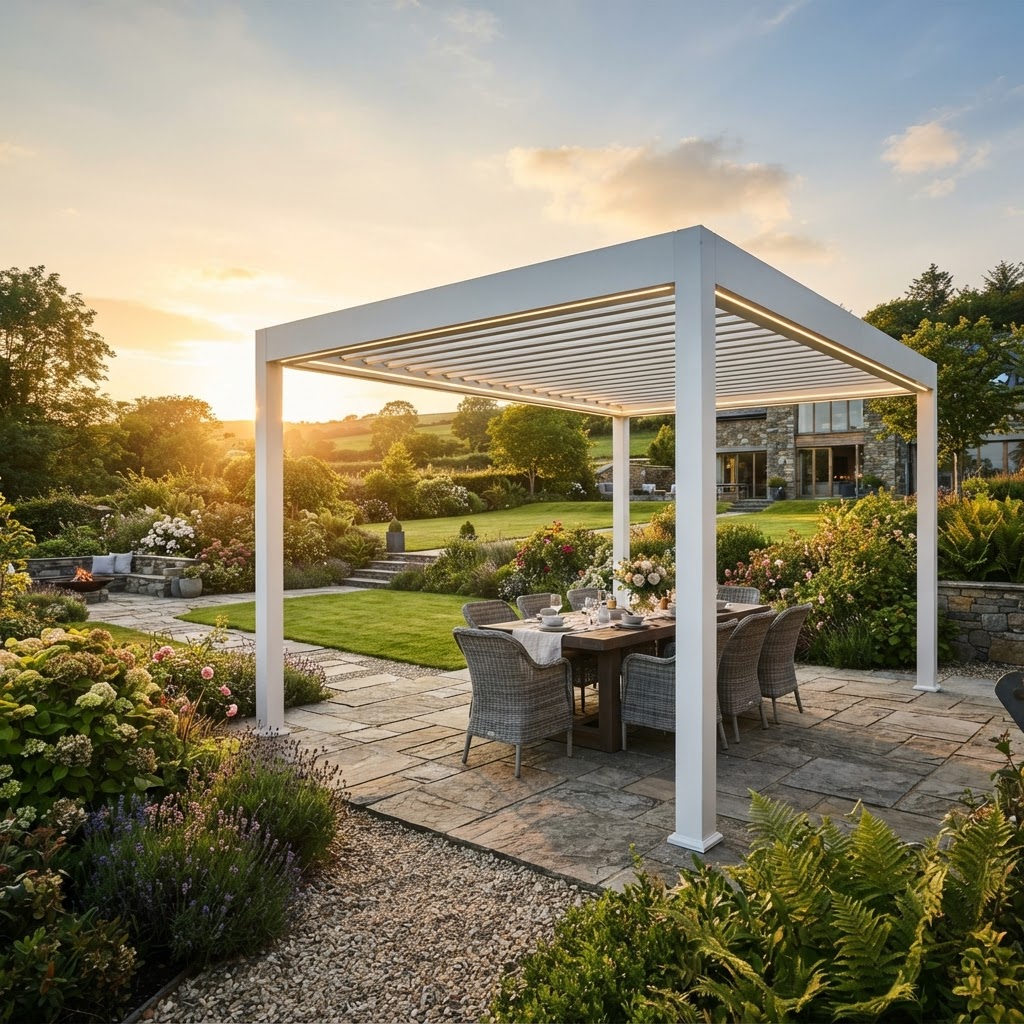 Modern aluminium pergola outdoor living space Ireland