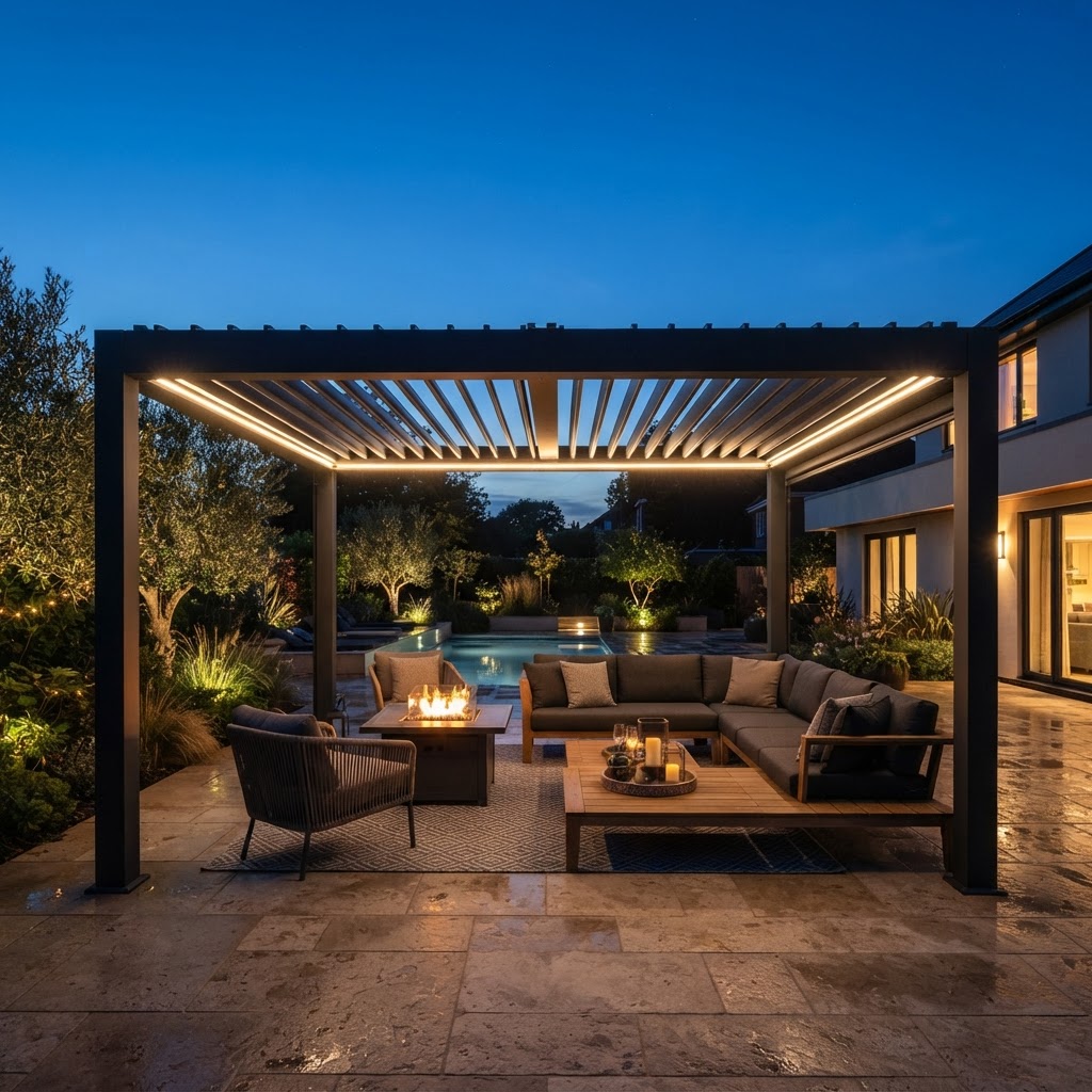 Pergola with integrated LED lighting at dusk