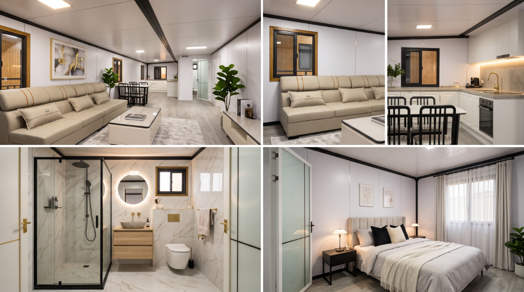 Modular living area, seating, marble bathroom and bedroom