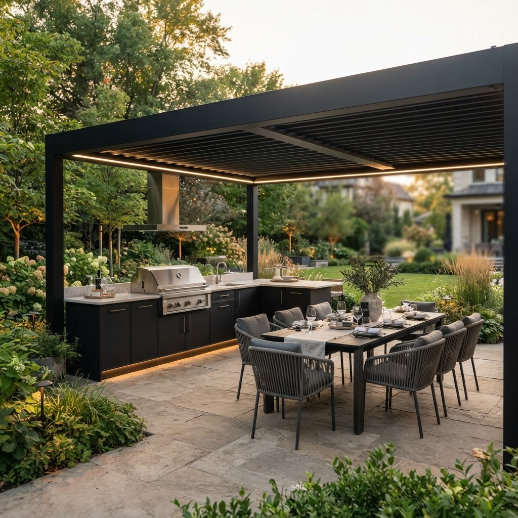 Pergola with outdoor dining and entertainment area
