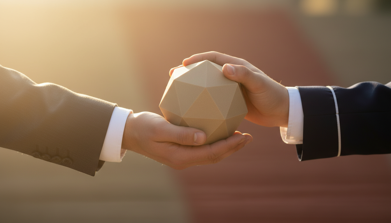 Partnership symbolized by hands holding a geometric shape together