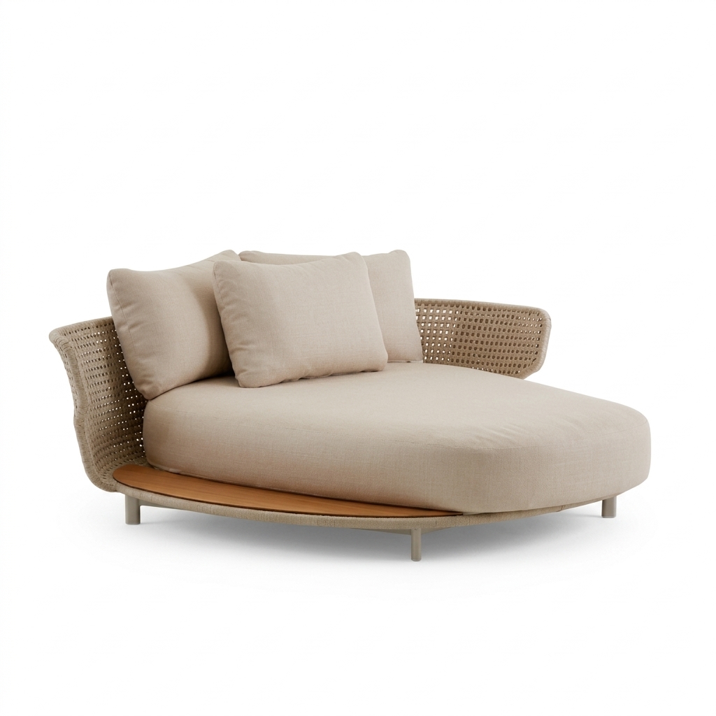 Daybed Alma en acabado Beige, vista frontal tres cuartos con plataforma de teca