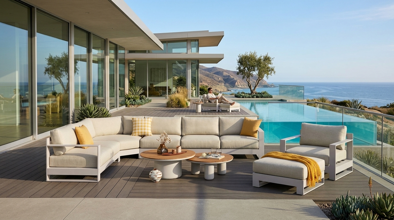 Colección Diamante en terraza con alberca y vista costera — acabado Beige