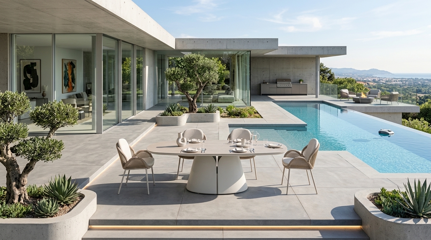 Mesa de Comedor Tulip en terraza con alberca infinita y arquitectura de concreto