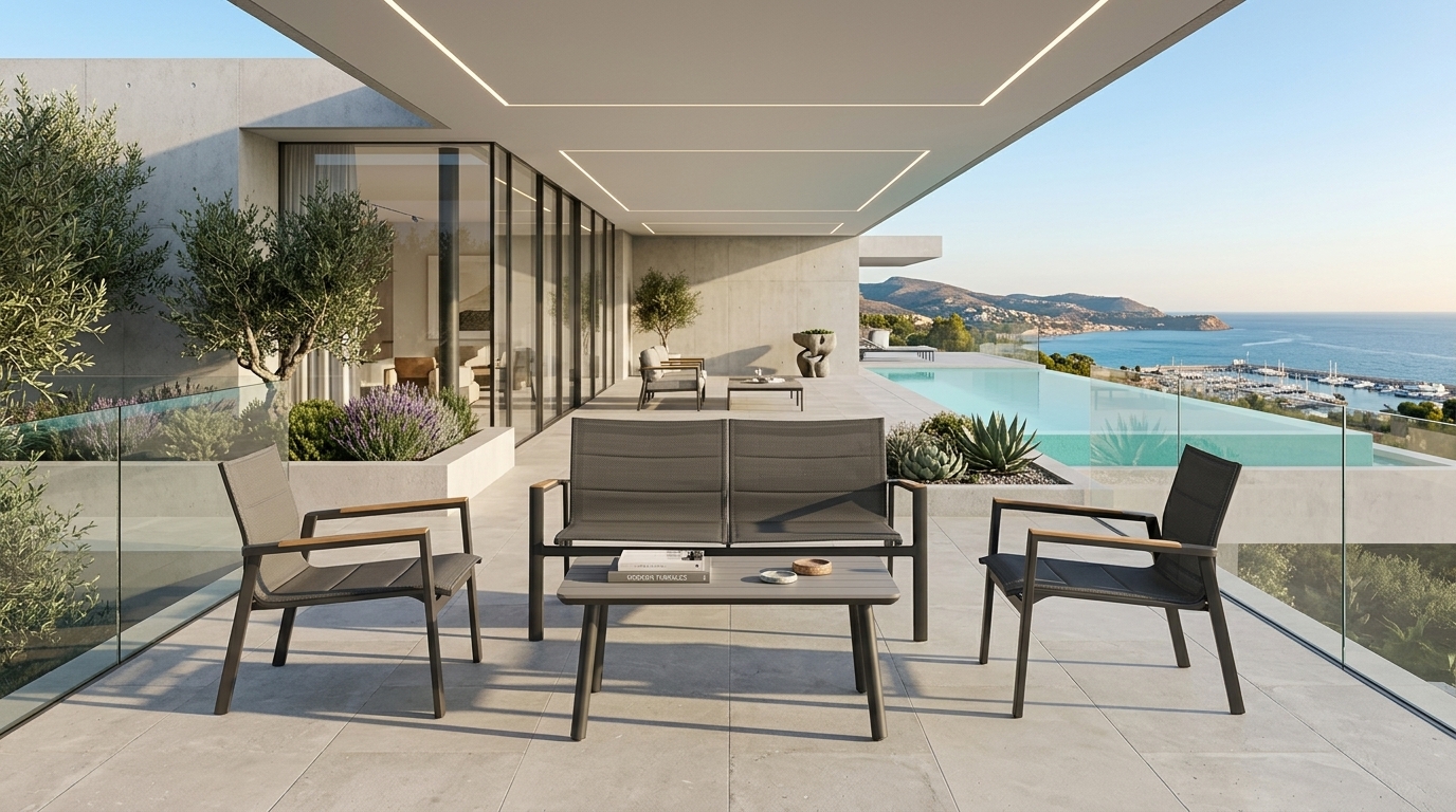Colección Aspen en terraza con sillones, sofá y mesa de centro con vista a la costa