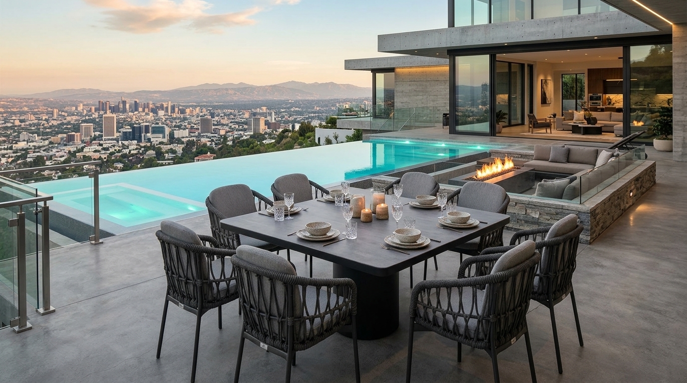 Mesa de Comedor Oasis 148 en terraza con vista a la ciudad al atardecer