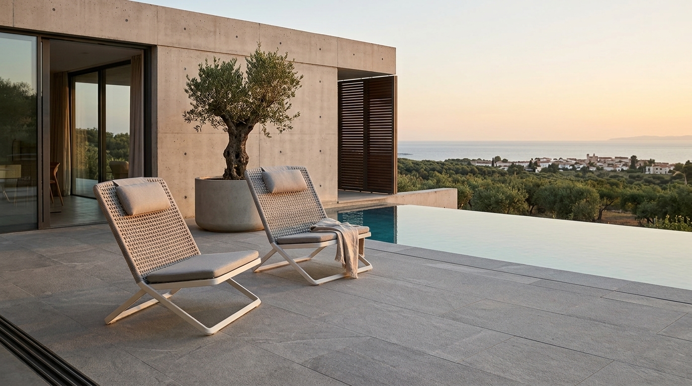 Dos sillones Vida en terraza de piedra al atardecer junto a alberca infinita