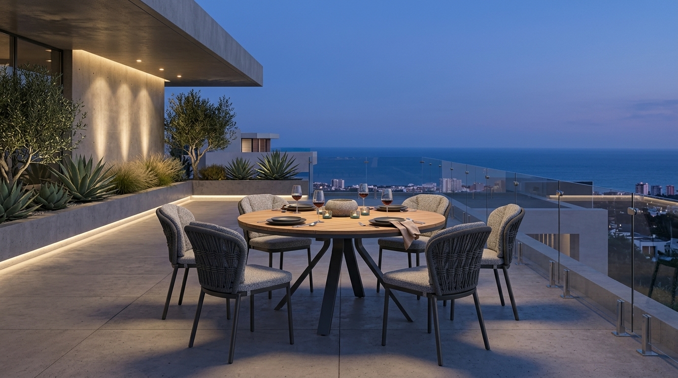 Mesa de Comedor Cesano en terraza al anochecer con vista costera