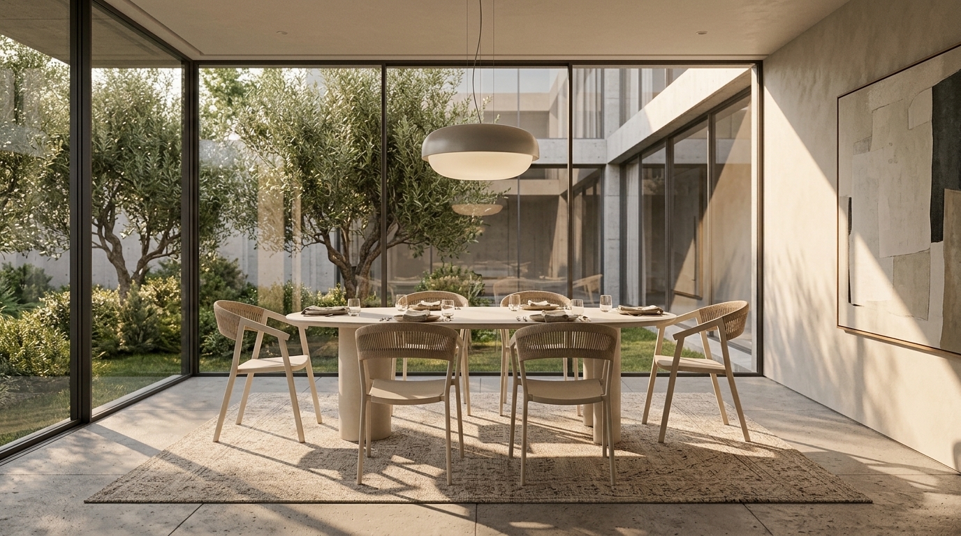 Mesa de Comedor Peanut en comedor interior al atardecer con obra de arte abstracta