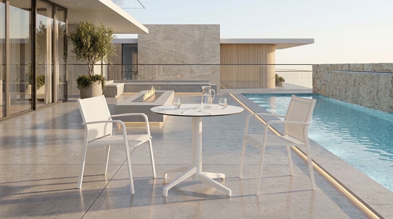 Mesa Moon Redonda en acabado Blanco con sillas en terraza con alberca, fogonero y vista al mar
