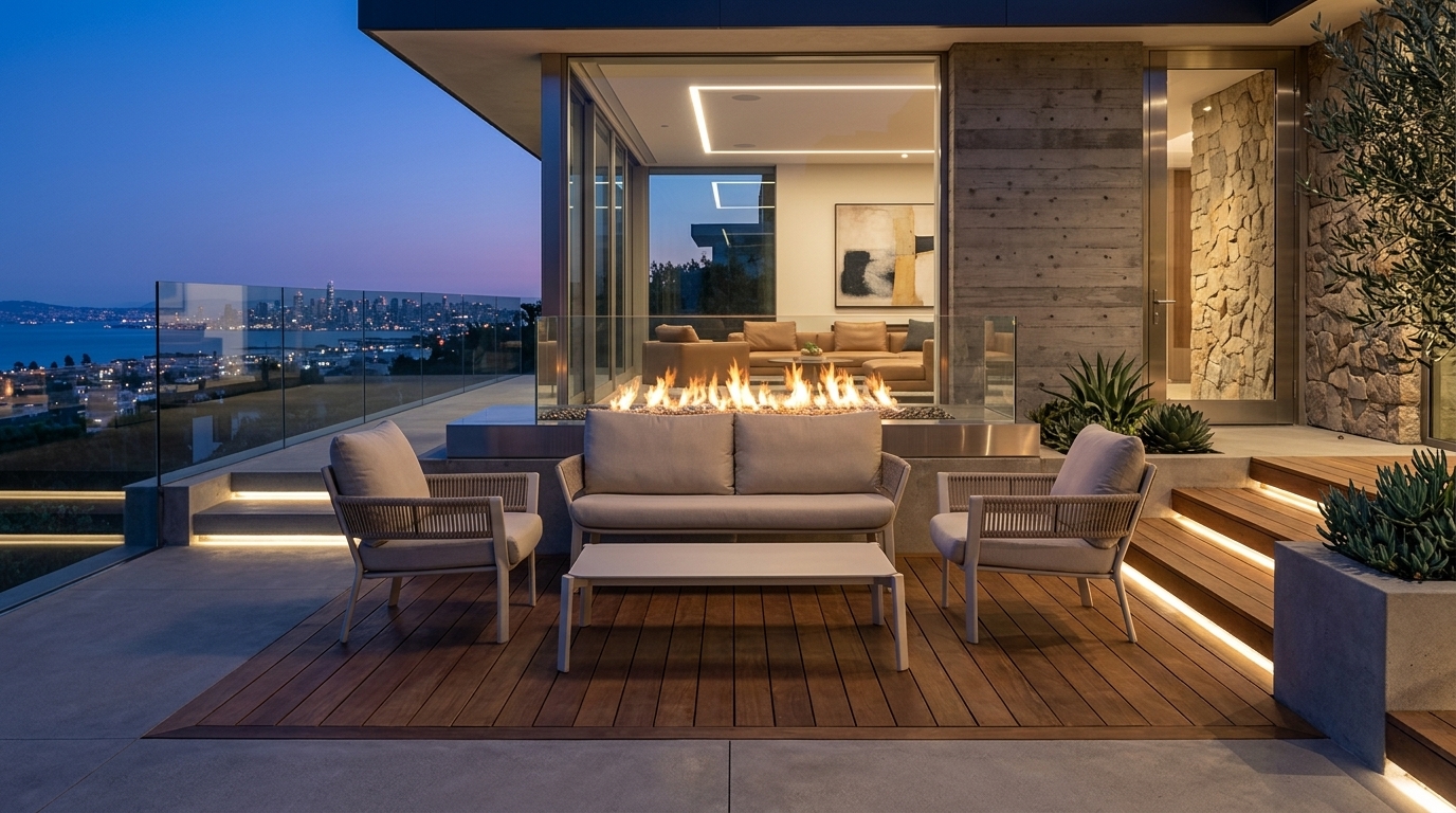 Colección Mairin en terraza arquitectónica al atardecer con fuego y vista a la ciudad