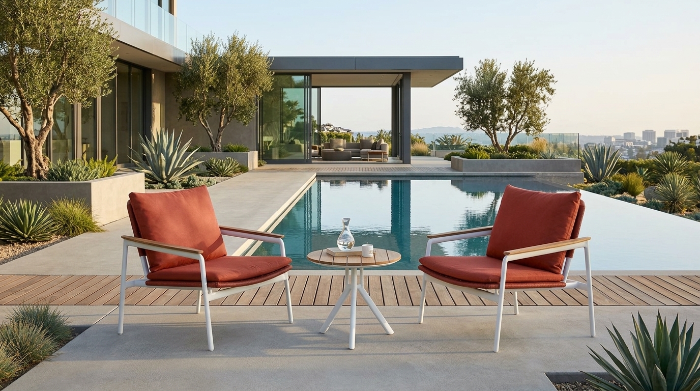 Sillón Lounge Cacau junto a alberca con vista a arquitectura moderna