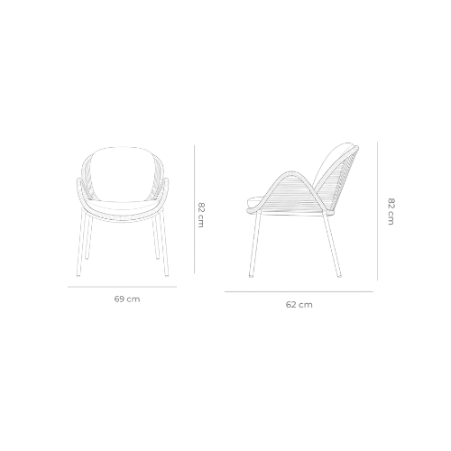 Dimensiones de la Silla Vigo — 69 cm de ancho, 62 cm de fondo, 82 cm de altura