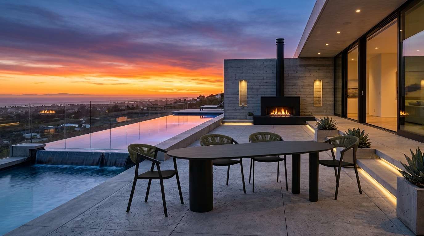 Mesa de Comedor Peanut en terraza exterior al atardecer con alberca infinita y fogonero