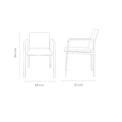 Dimensiones de la Silla RIO — 84 cm de altura, 59 cm de ancho, 51 cm de fondo
