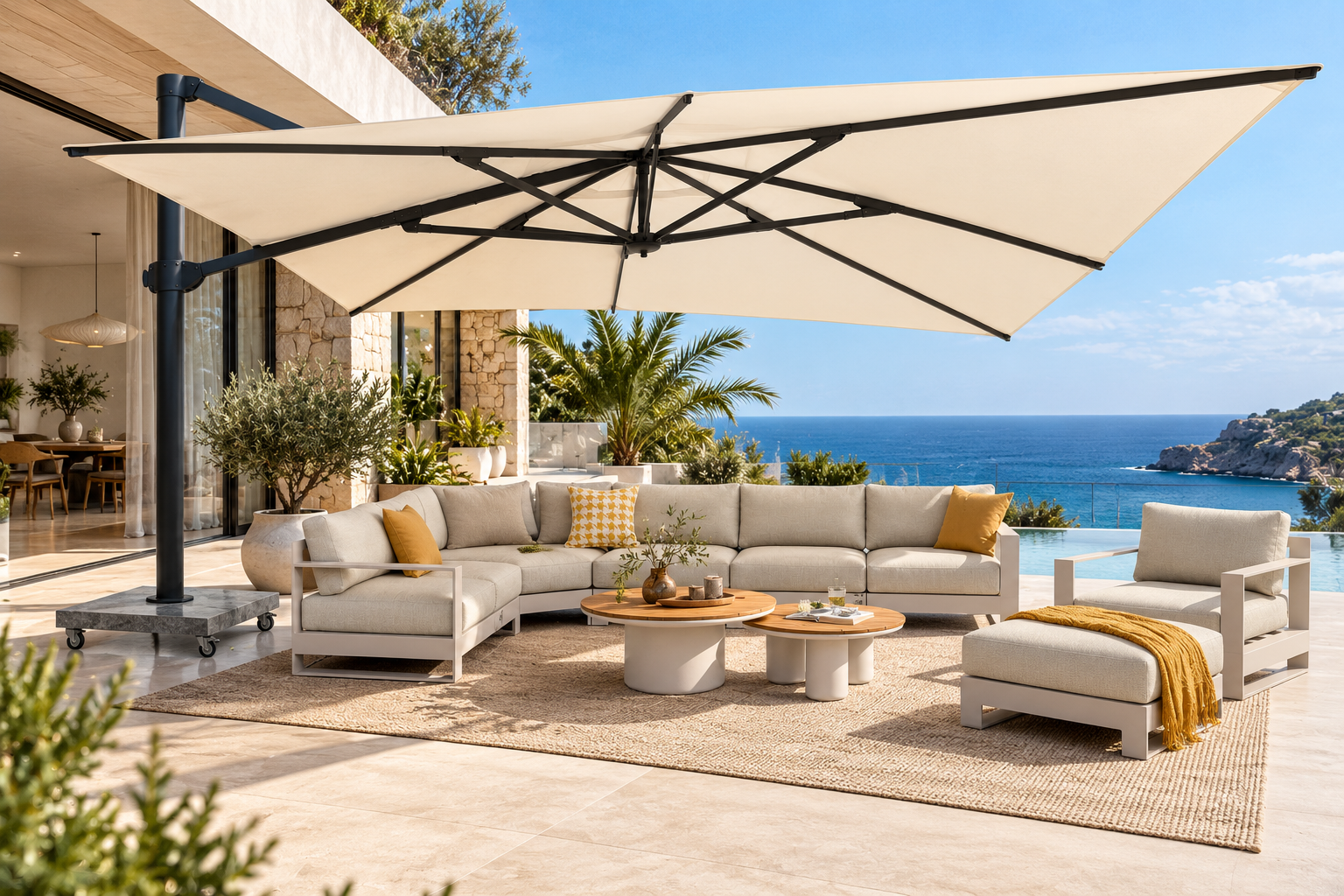 Sombrilla Maldives 4 × 4 m Eggshell con sala Diamante en terraza frente al mar