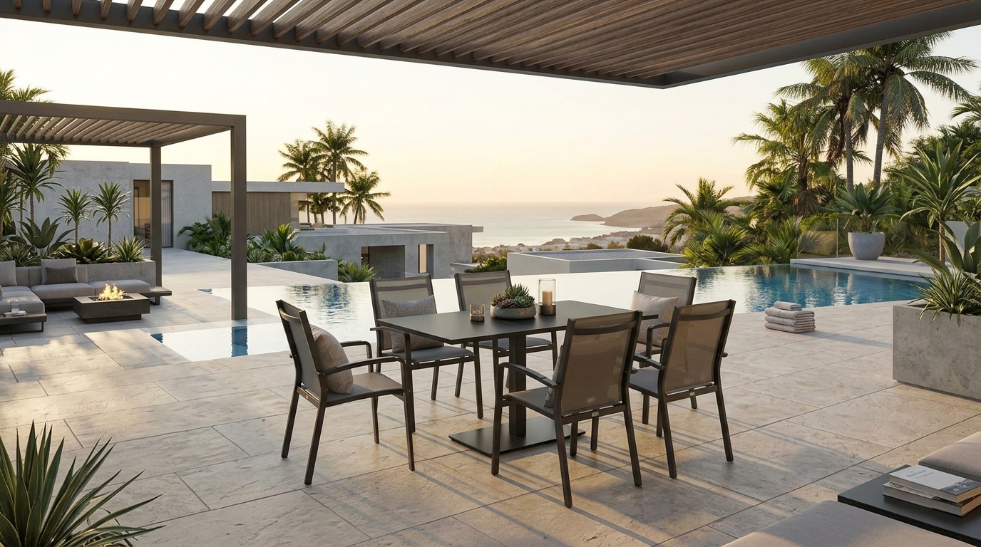Sillas LUIS alrededor de una mesa de comedor en una terraza con pérgola, alberca infinita y vista al mar al atardecer