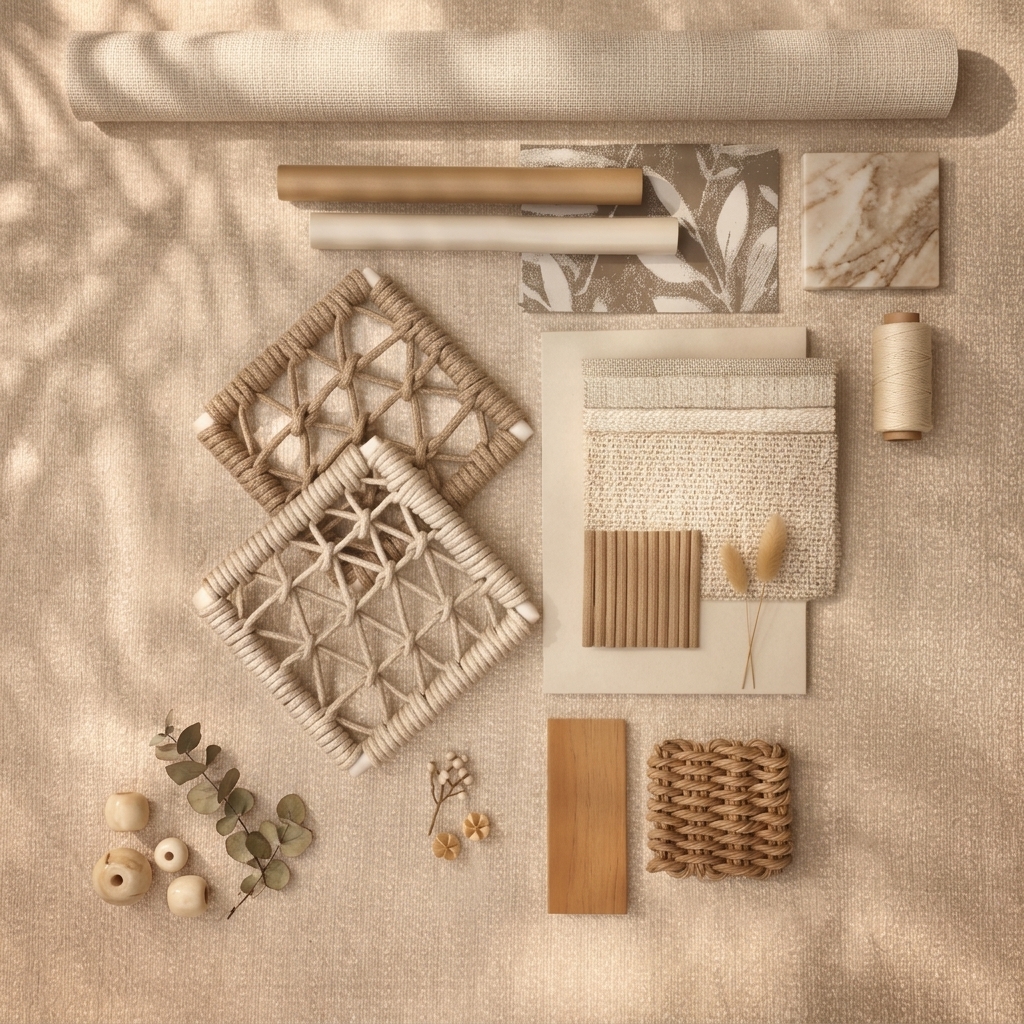 Composición de materiales Sindo Outdoor en paleta clara: textiles, cuerda tejida, aluminio y madera natural