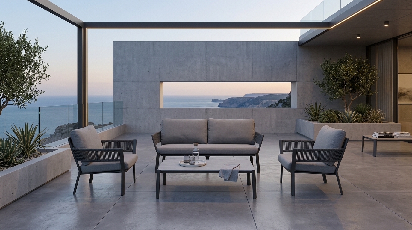 Colección Mairin en terraza al atardecer con vista al mar