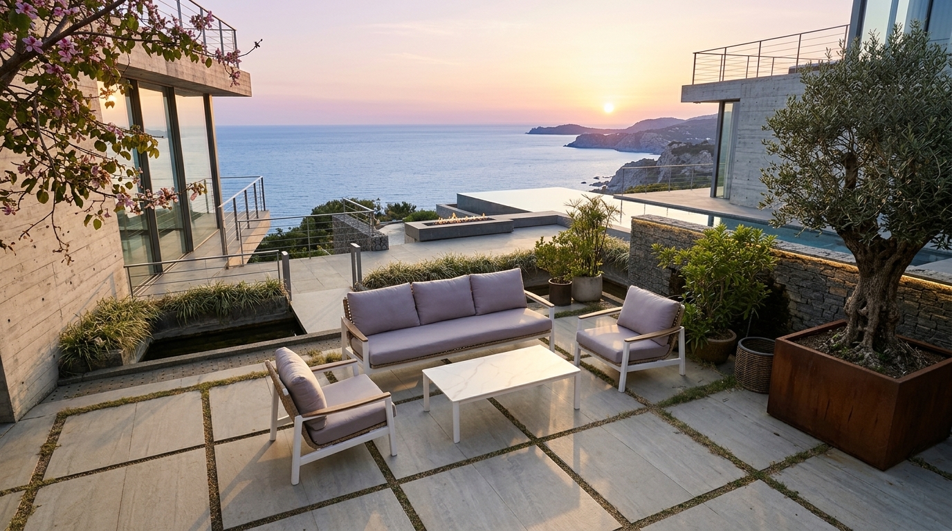 Colección Reyne en terraza con sofá en estructura blanca y cojines gris claro