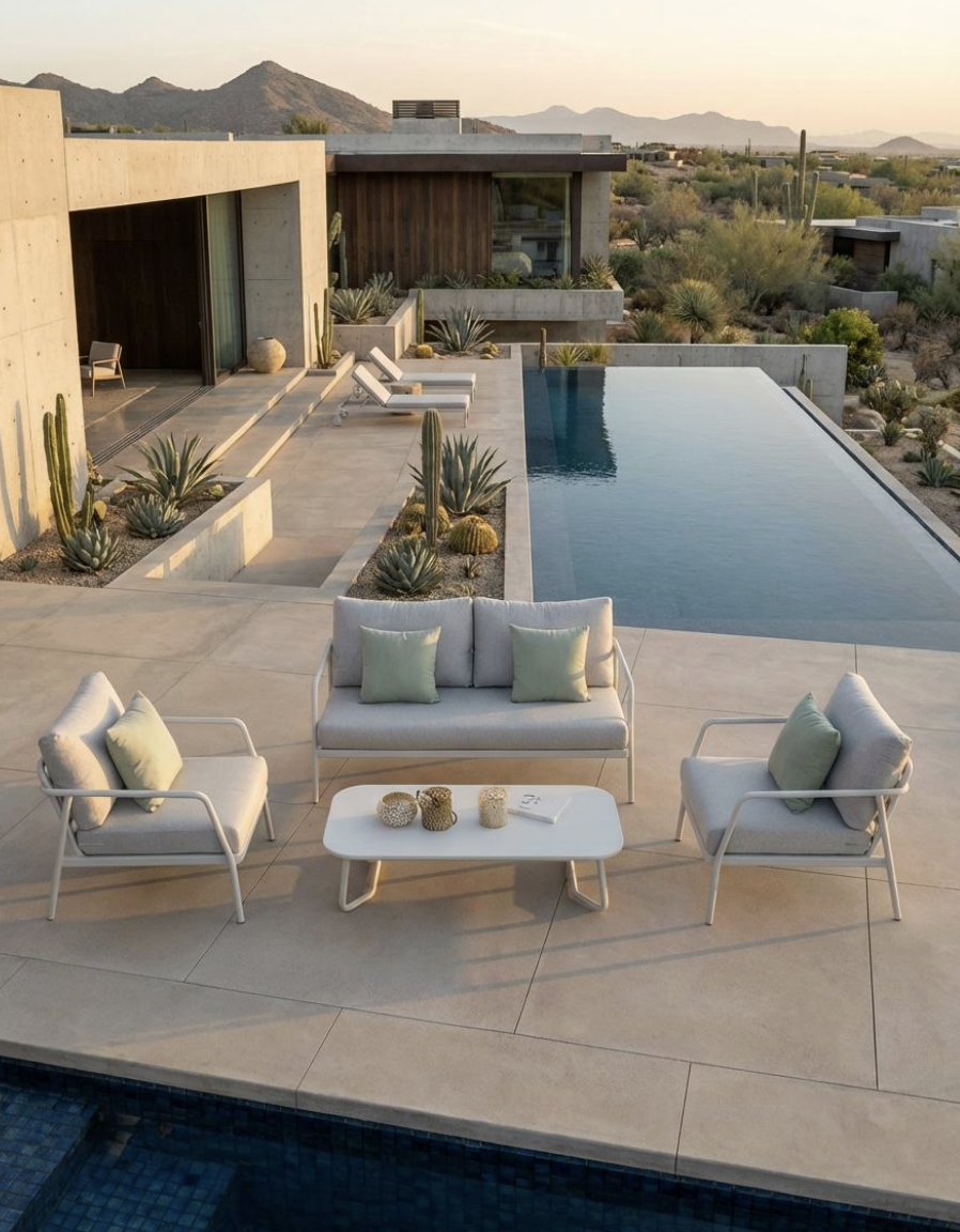 Colección Samba en terraza amplia con alberca infinita y paisaje desértico