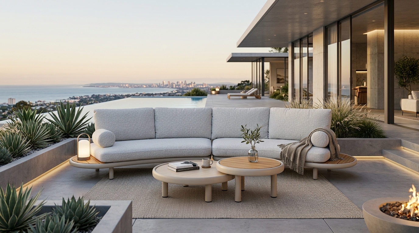 Colección Cloud en terraza con sofá curvo, sillón individual y mesas de centro al atardecer