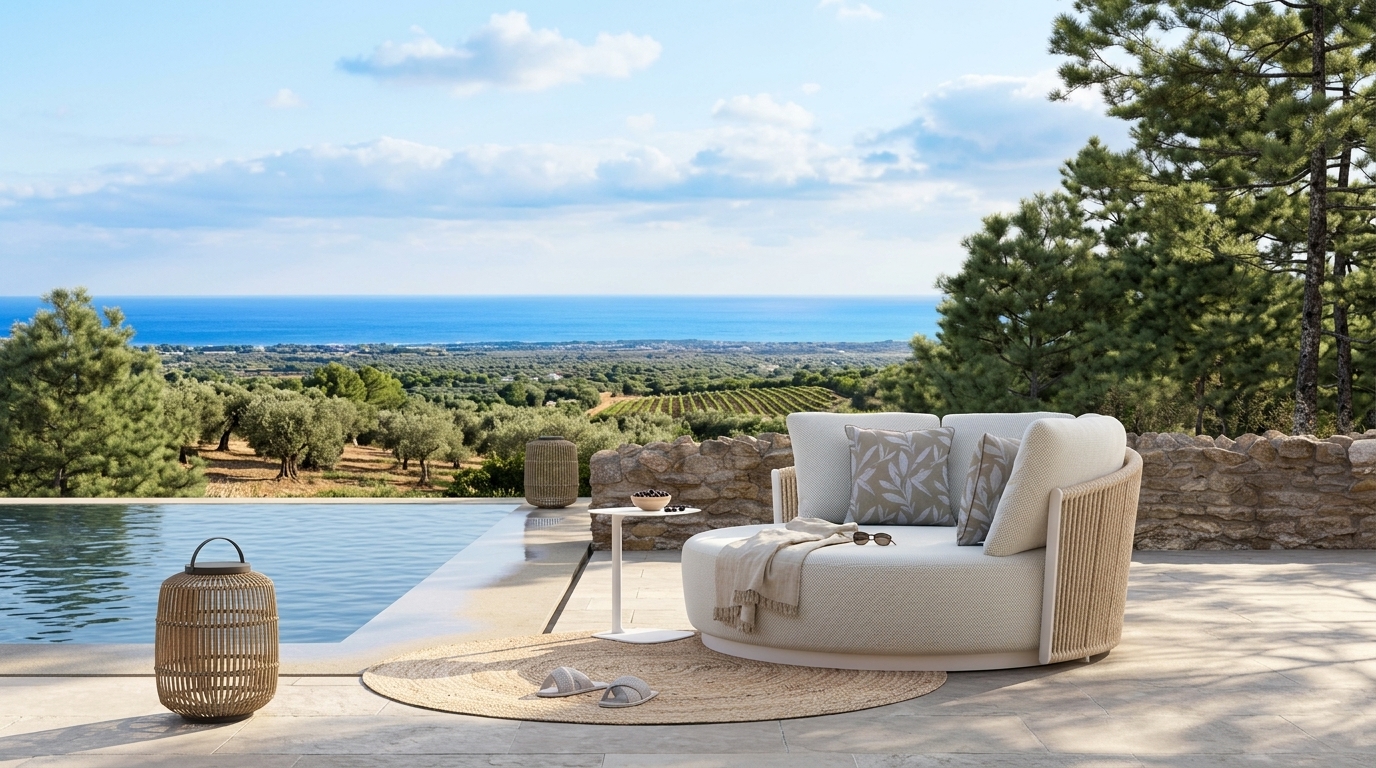 Daybed Ambience en acabado Beige en patio junto a alberca con vista al paisaje